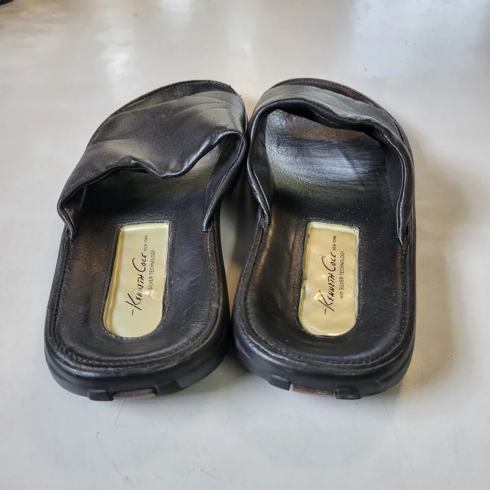 Kenneth Cole New York Mens 8M Leather Slide Sandals Black Silver‎ Technology